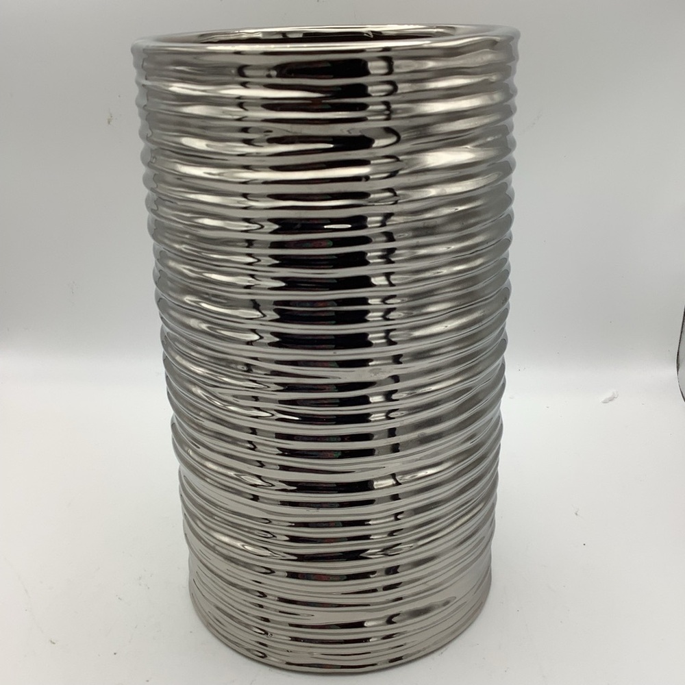 Modern Silver Ribbed Cylinder Vase